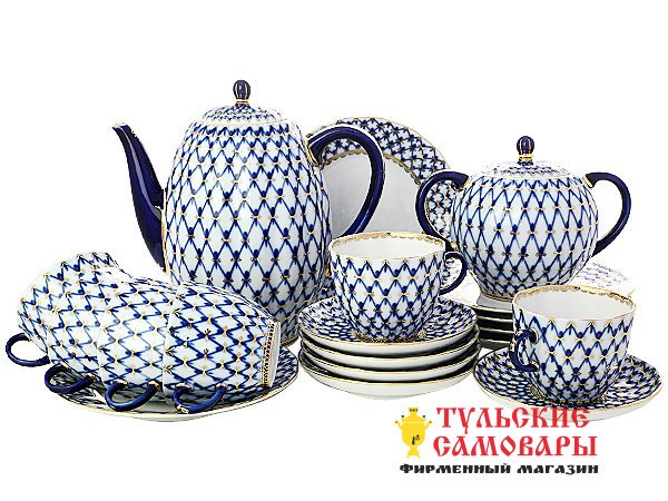 Кофейный фарфоровый сервиз 6 персон форма Тюльпан рисунок Кобальтовая сетка 6/20 Императорский фарфоровый завод фото 1 — Samovars.ru